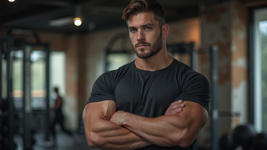 Persoon in trainingskleding met energieke houding in moderne fitnessruimte